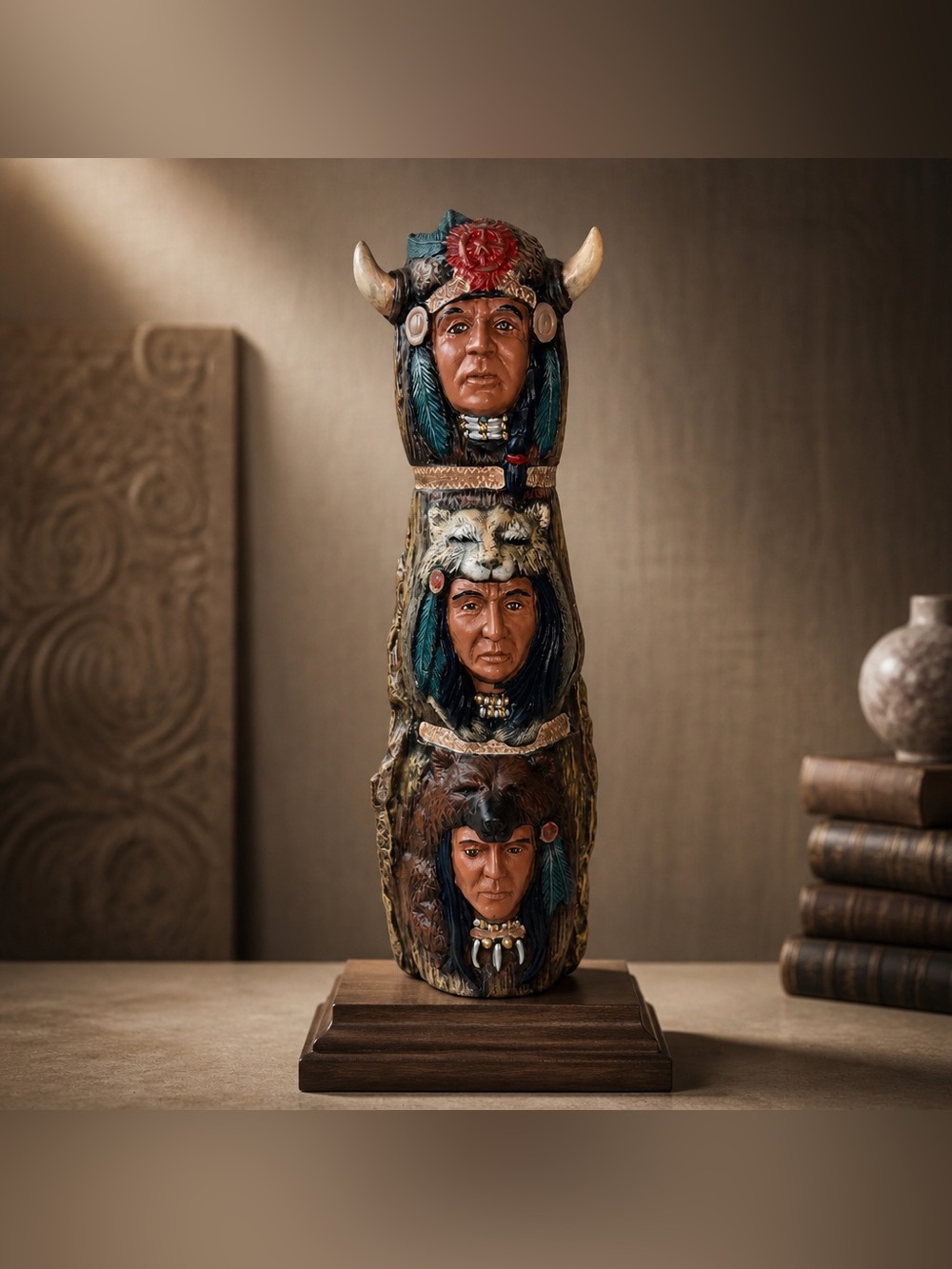 Native American chiefs Ceramic Totem Pole Figurine
